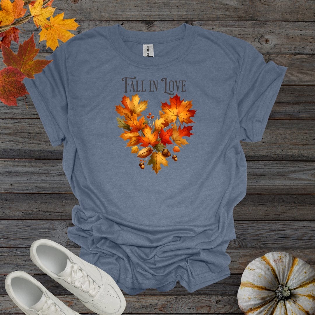 Heather Indigo / S Fall In Love - Fall Leaves Heart Shirt