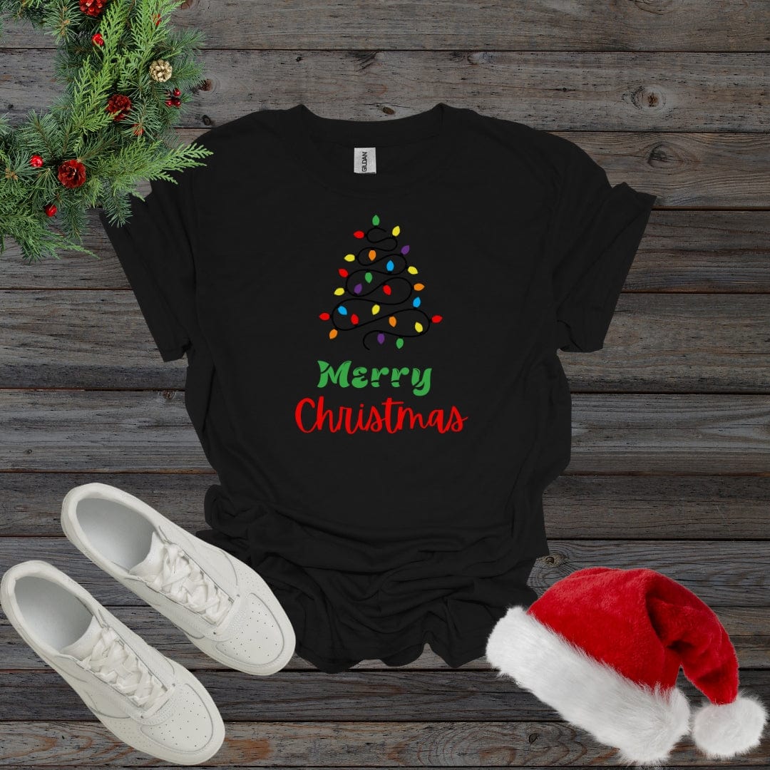 Black / S Merry Christmas Lightbulb Christmas Tree Shirt