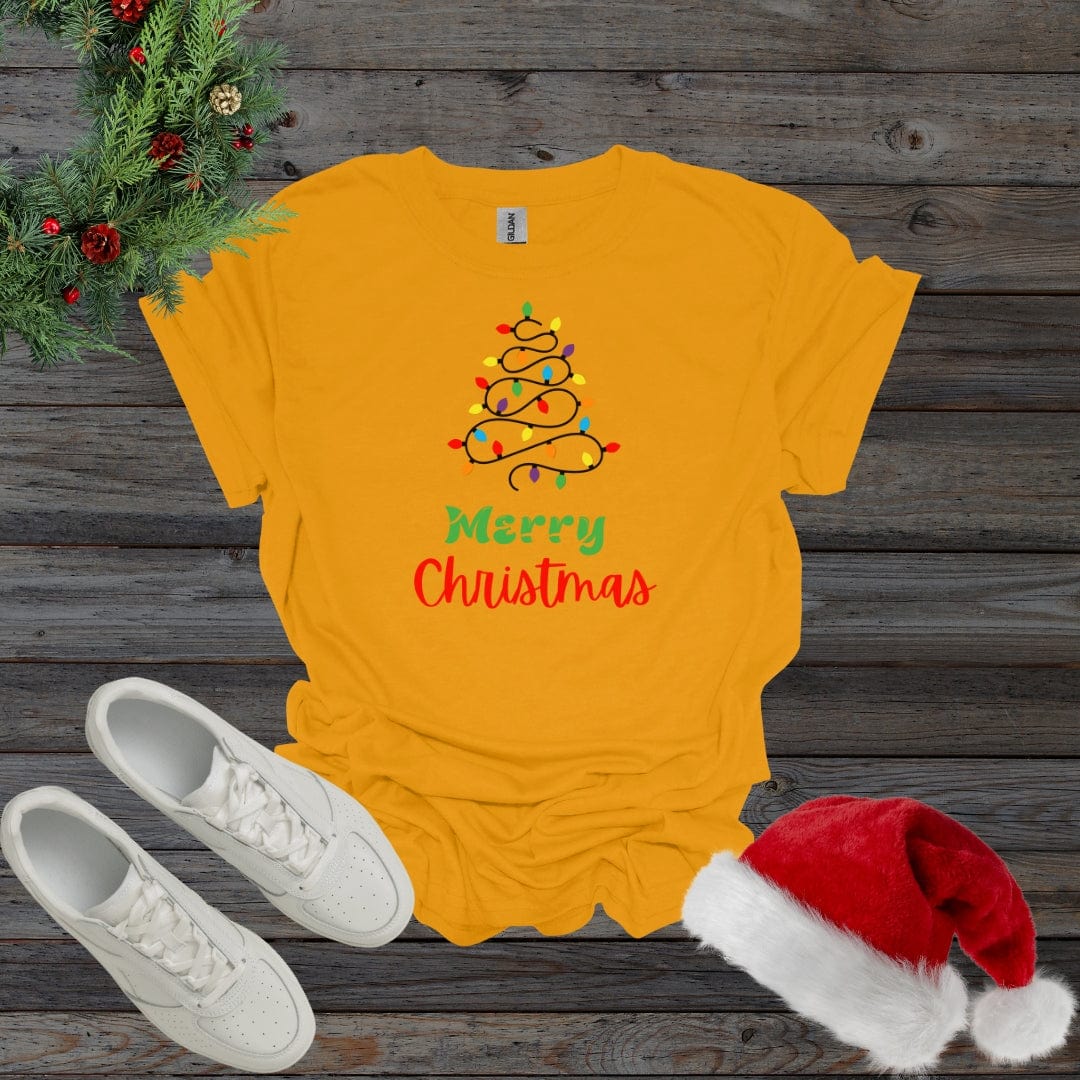 Gold / S Merry Christmas Lightbulb Christmas Tree Shirt