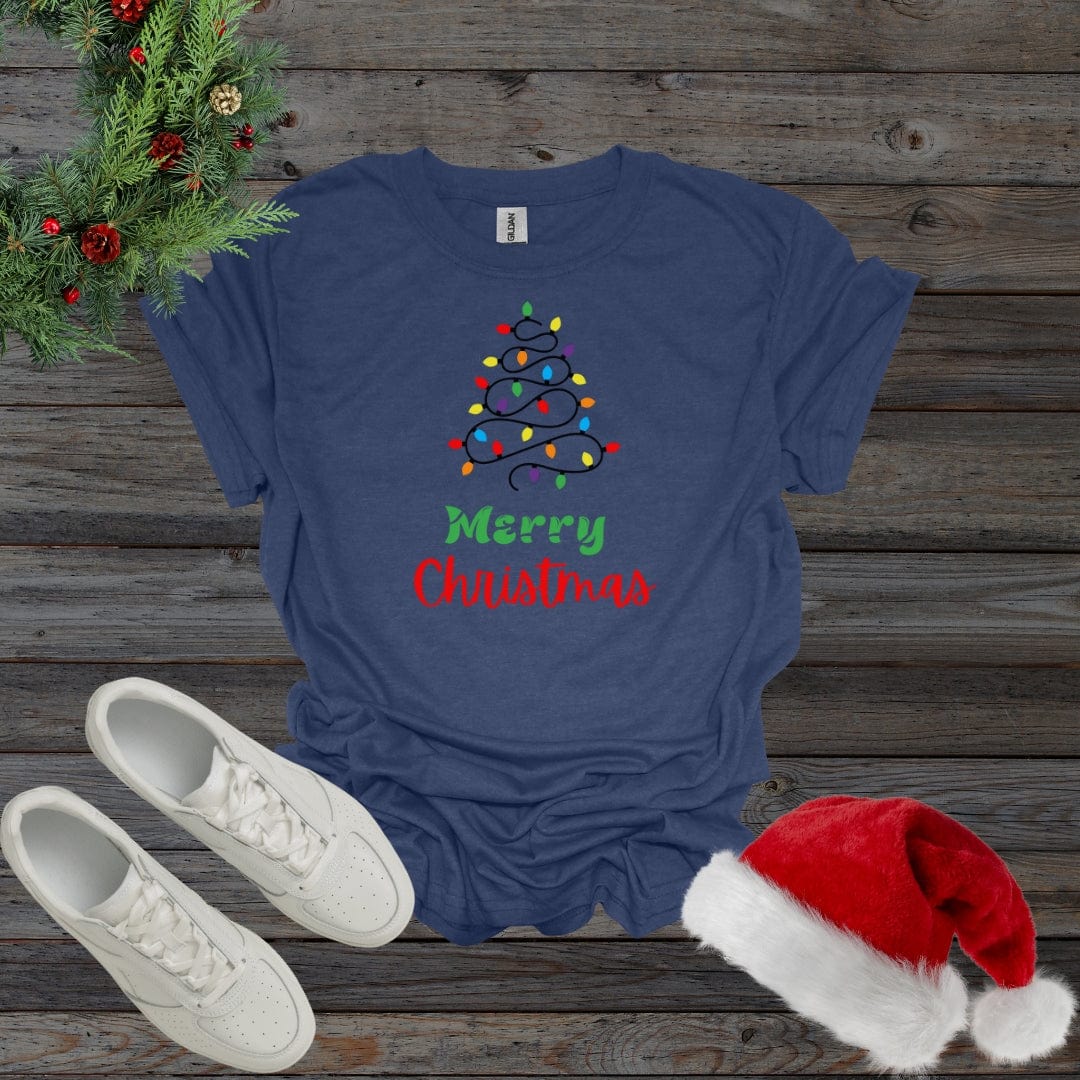 Heather Navy / S Merry Christmas Lightbulb Christmas Tree Shirt