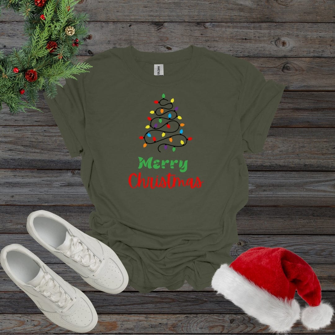 Military Green / S Merry Christmas Lightbulb Christmas Tree Shirt