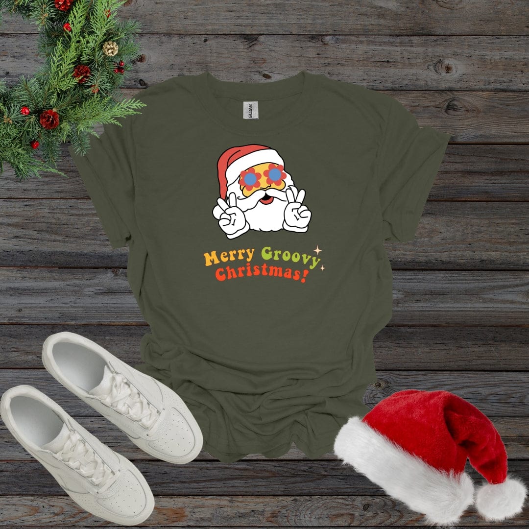 Military Green / S Merry Groovy Christmas Shirt